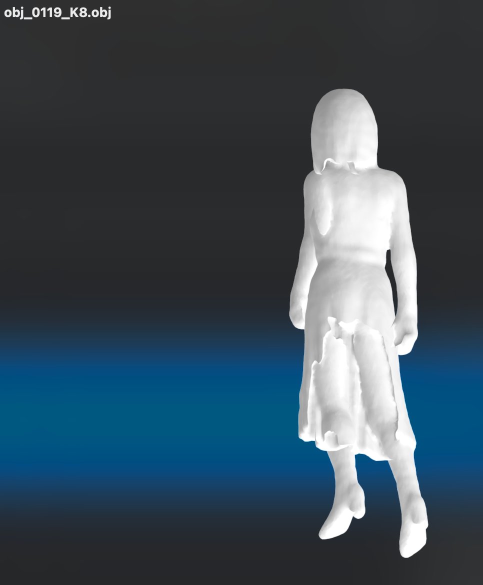 obj_0119 reconstruction at K=8 — a clothed figure