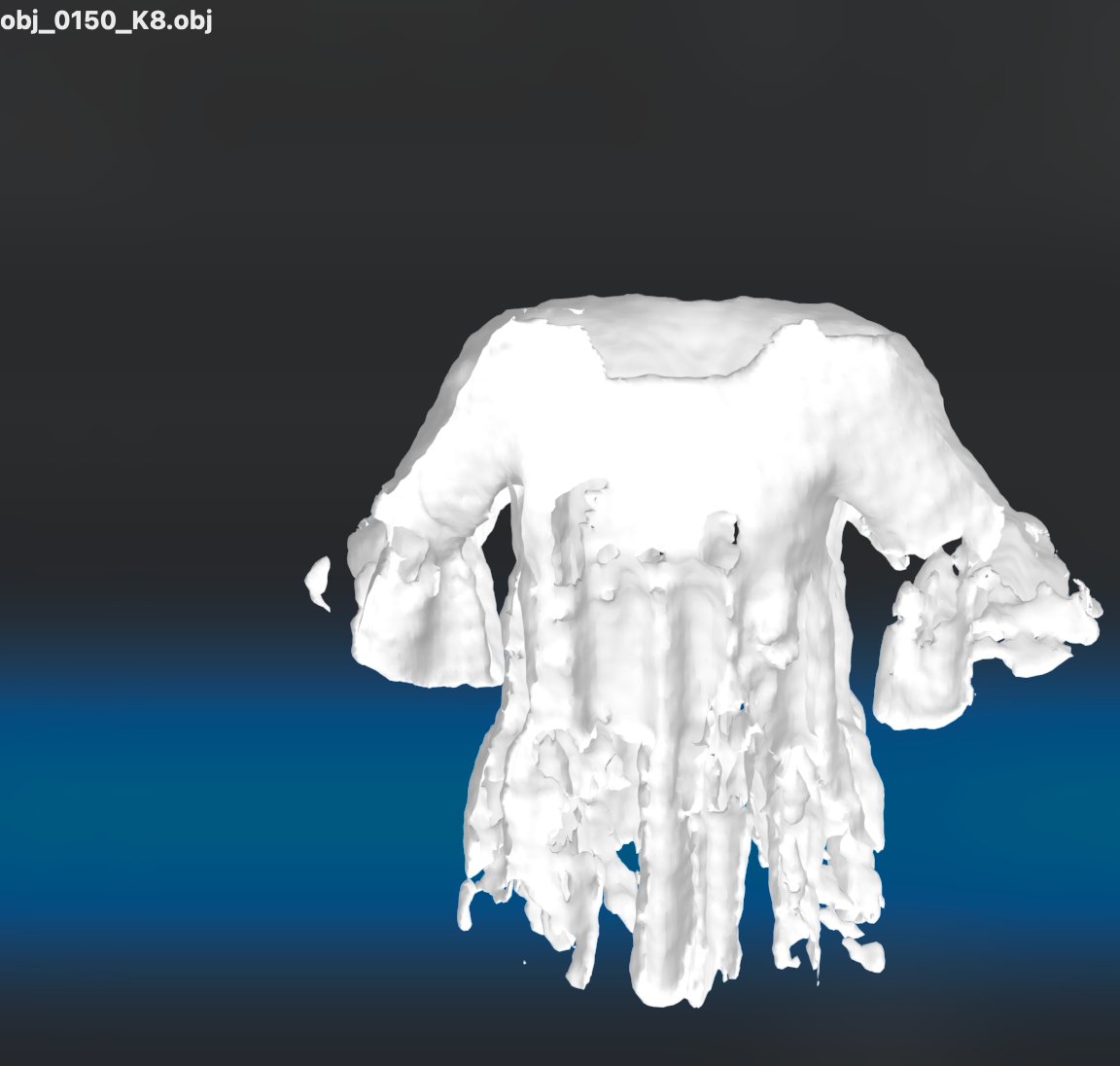 obj_0150 reconstruction at K=8 — a garment-like shape